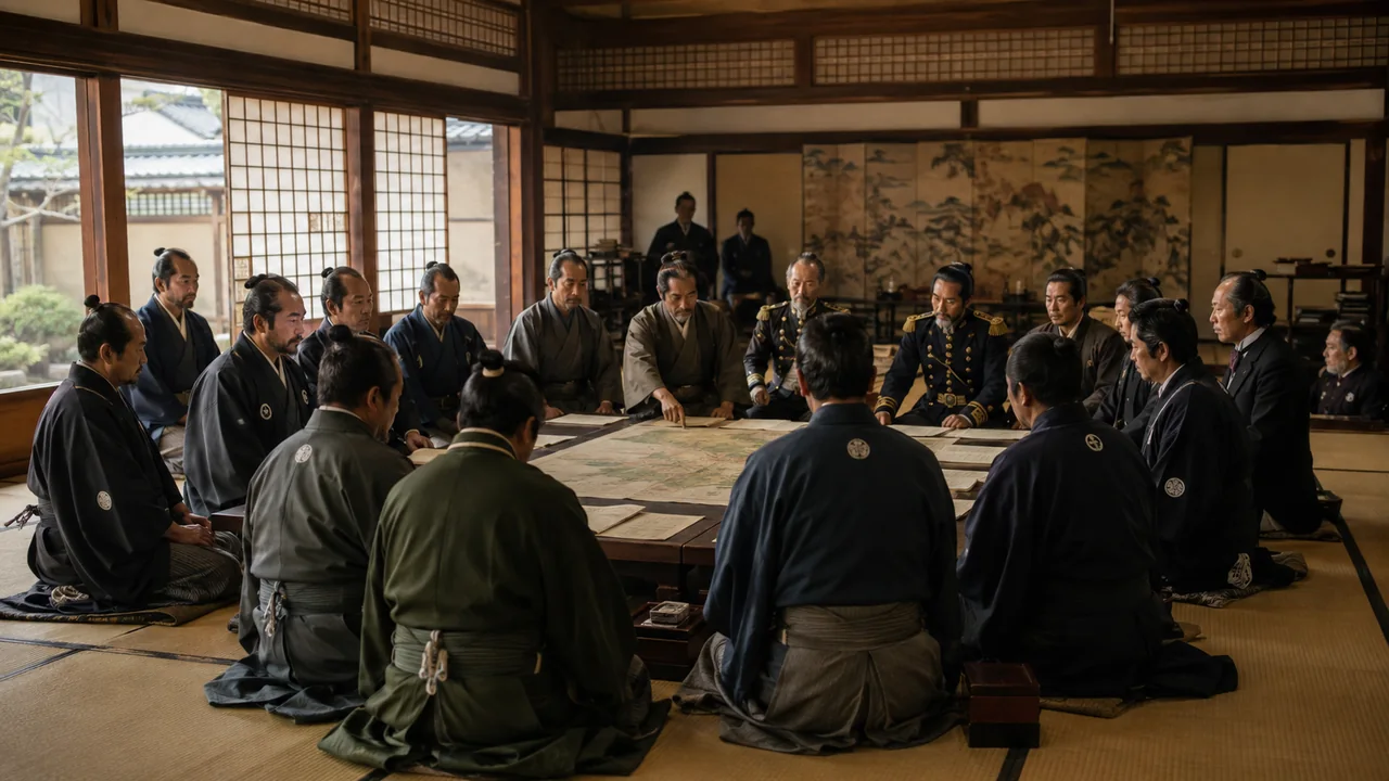1868 geçişini canlandıran Kyoto toplantısında harita ve kararnameler çevresinde çalışan samuray temsilcileriyle modernleşen devlet görevlileri