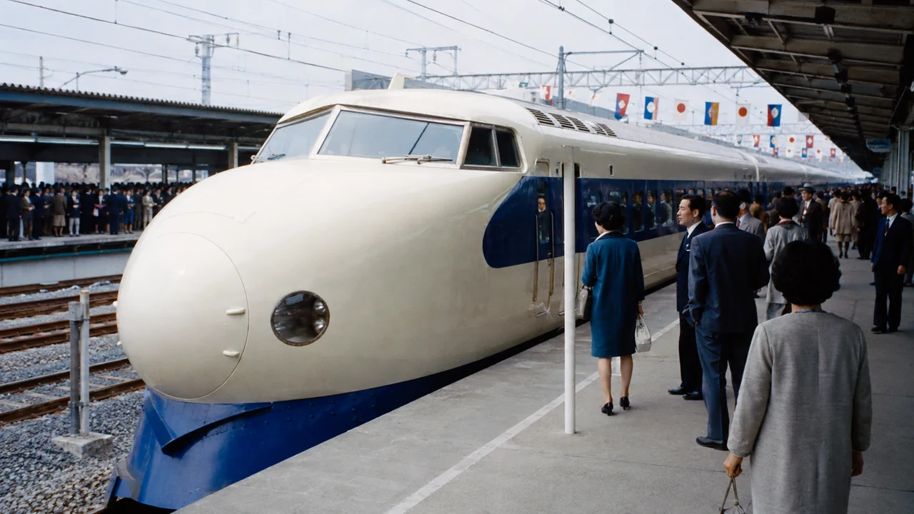 1964 dönemine uygun istasyonda yuvarlak burunlu krem ve mavi Seri 0 Shinkansen yanında bekleyen yolcuların tarihsel canlandırması