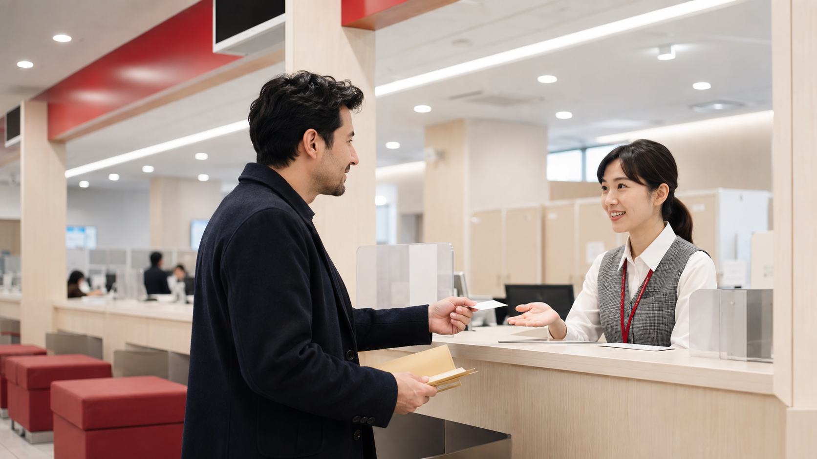 Japonya'da belediye hizmet masasında adres değişikliği belgelerini teslim eden Türk bir sakin