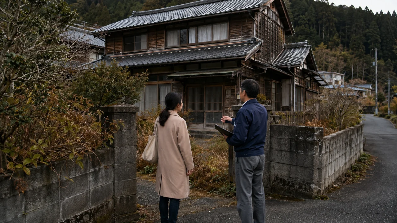 Japon kırsalında boş ahşap evi bahçe kapısından inceleyen ev adayı ile yerel konut görevlisi