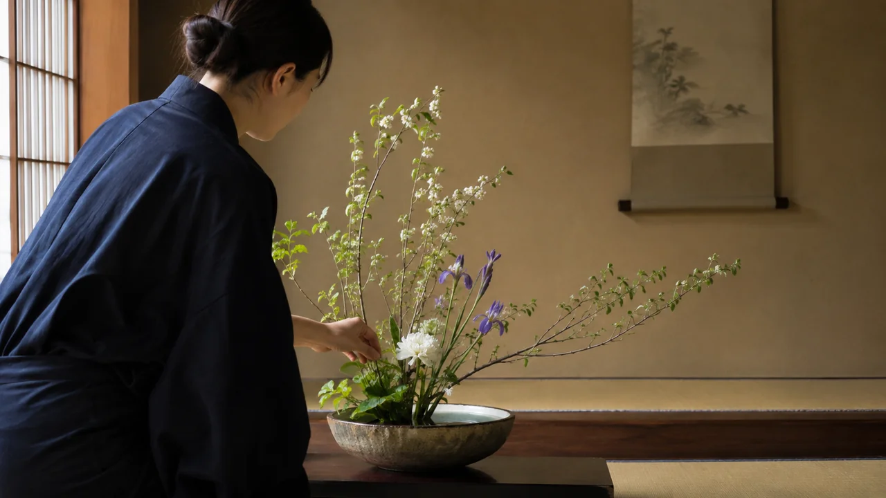 Tatami odasında mevsim dalları ve çiçeklerden oluşan asimetrik ikebana düzenlemesini tamamlayan sanatçı