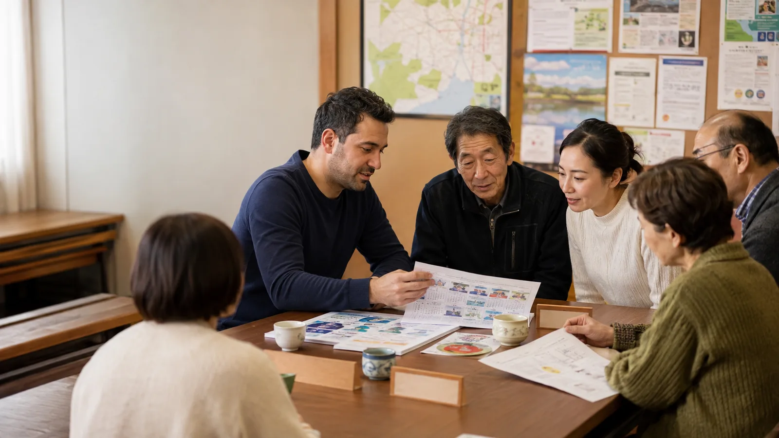Japonya'daki bir toplum merkezinde yerel etkinlikleri birlikte planlayan mahalle sakinleri