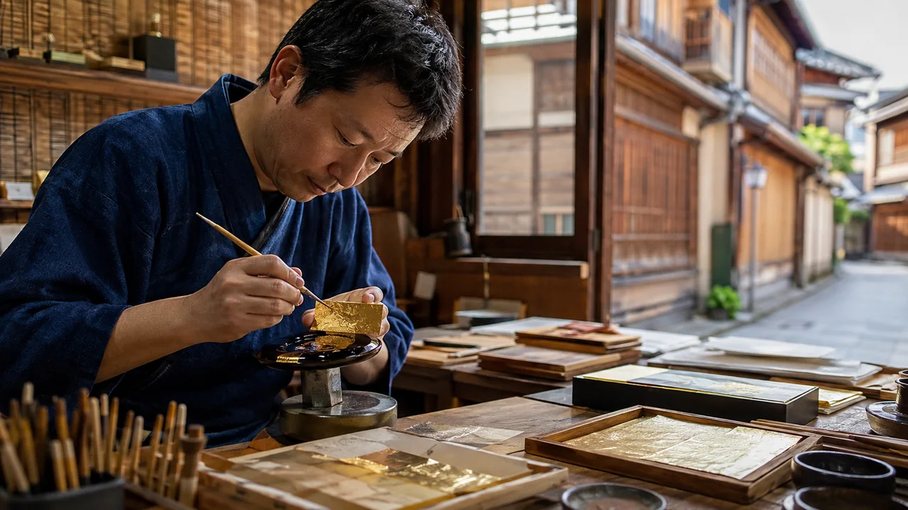 Kanazawa’daki ahşap atölyesinde küçük bir lake objeye ince altın varak uygulayan Kaga zanaatkârı