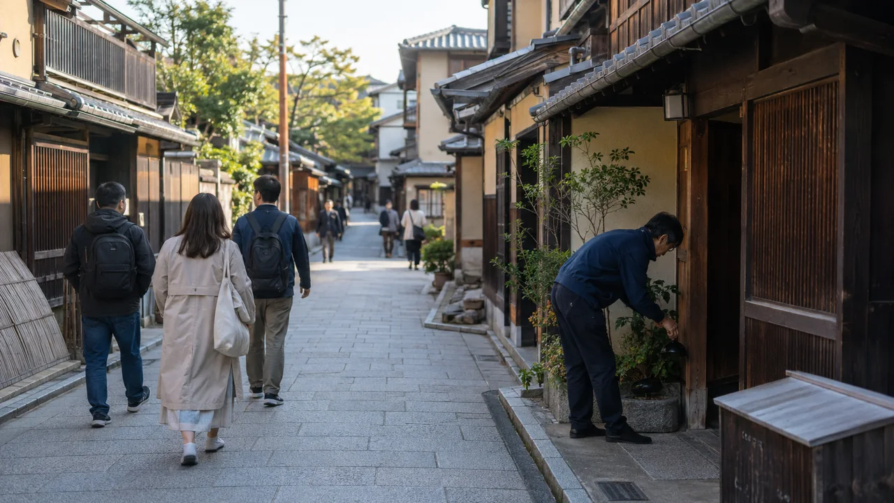 Kyoto’nun ahşap machiya evli bir mahallesinde yürüyen ziyaretçiler ve evinin girişindeki bitkilerle ilgilenen sakin