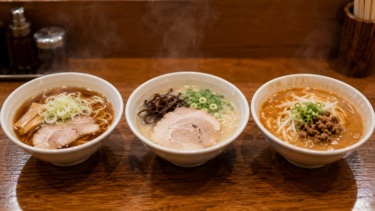 Japon ramen tezgâhında shōyu, tonkotsu ve miso tarzlarını temsil eden üç buharlı erişte kâsesi