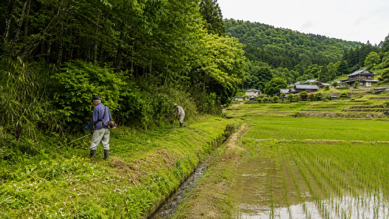 Satoyama’da pirinç tarlalarıyla geniş yapraklı orman arasındaki sulama kanalını ve tarla sınırını koruyan iki köy sakini