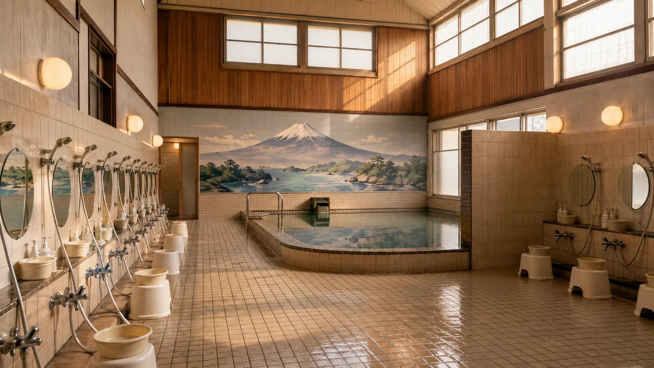 Açılıştan önce boş bir Japon sentōsunda yıkanma istasyonları, ortak havuz ve Fuji Dağı çini resmi