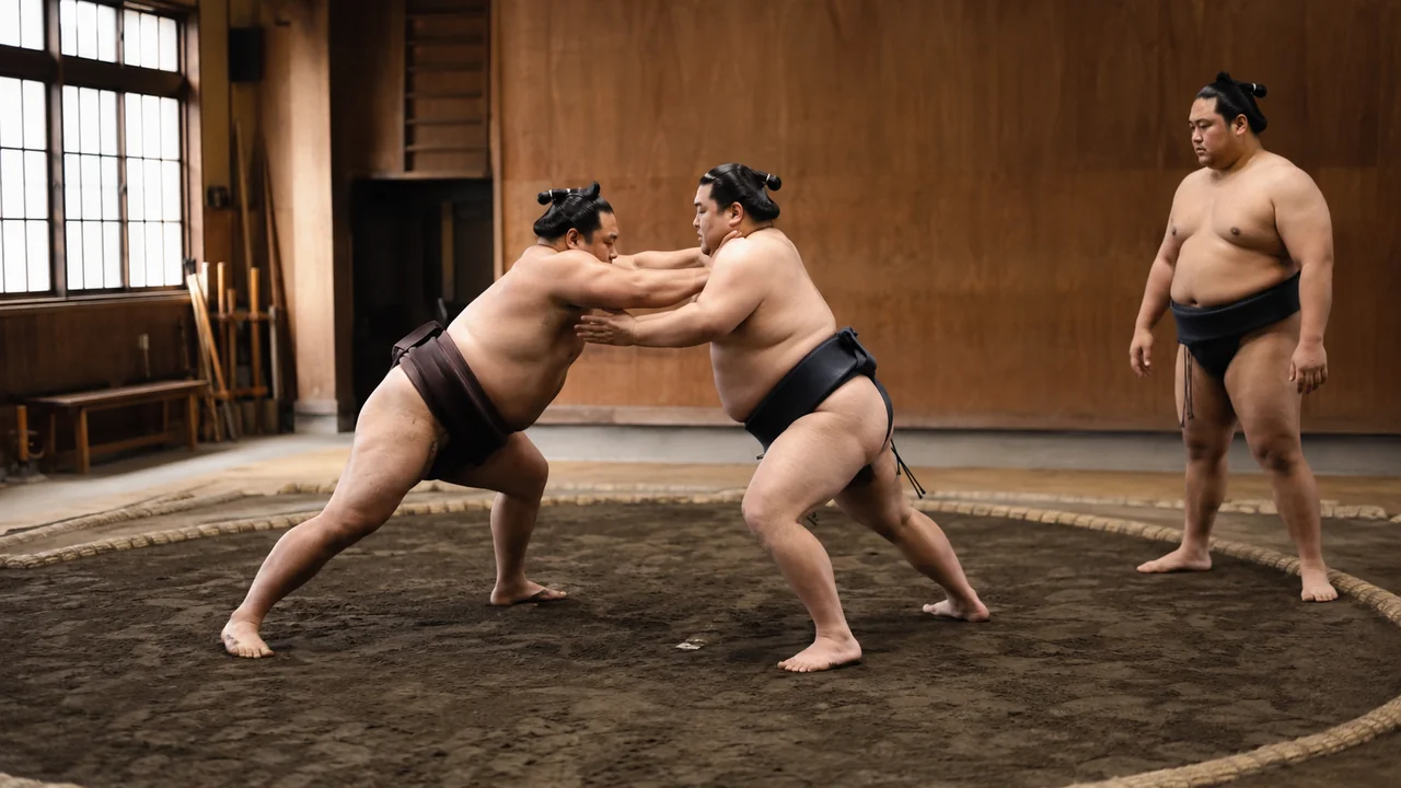 Geleneksel sumo ahırında sabah antrenmanında toprak dohyō üzerinde itme çalışması yapan yetişkin güreşçiler