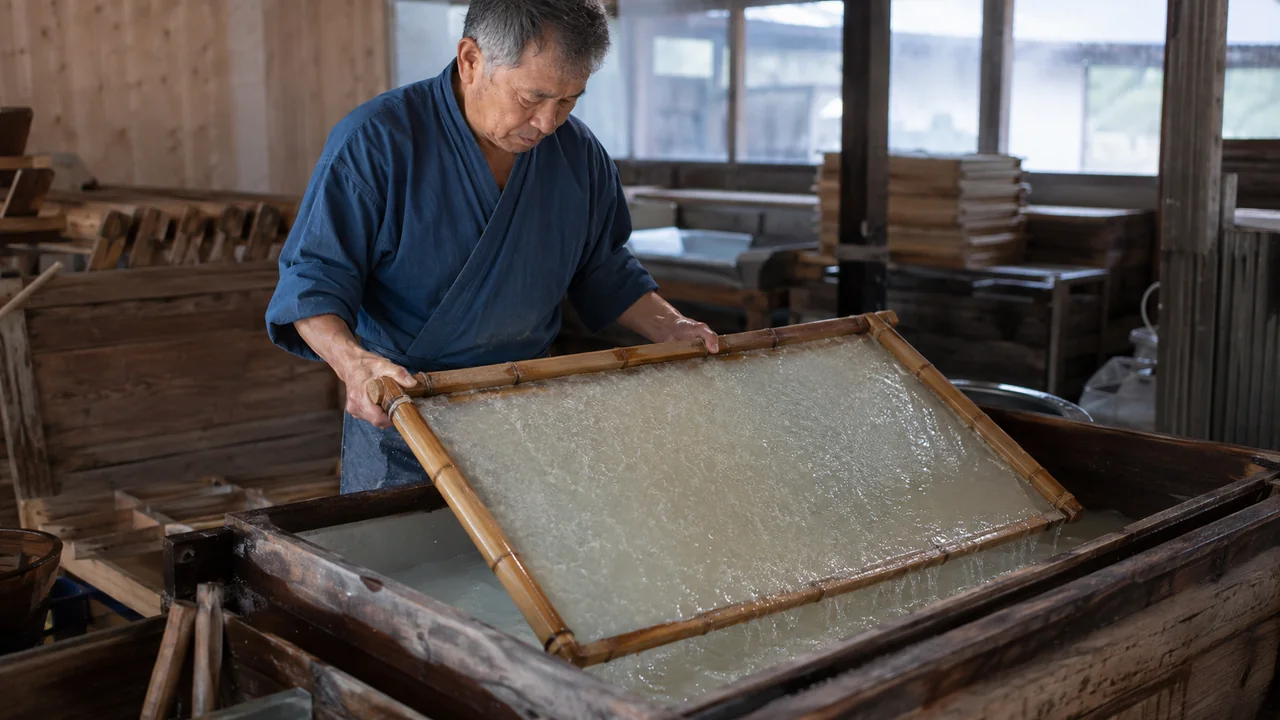 Kırsal Japon atölyesinde kōzo lifli hamurdan bambu elek kaldırarak washi kâğıdı yapan zanaatkâr